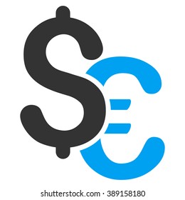 Euro and Dollar Currency vector icon. Style is bicolor flat symbol, blue and gray colors, white background.