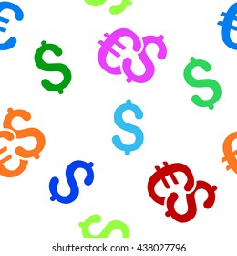 Euro and Dollar Currency vector seamless repeatable pattern. Style is flat euro and dollar currency and dollar symbols on a transparent background.
