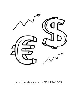 Euro and dollar doodle icon, isolated on a white background. Vector hand-drawn illustration of money signs