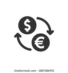 Icono de vector negro de cambio de euro y dólar. Moneda de transferencia de dinero con símbolo de flechas.