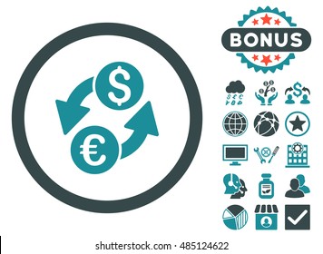 Euro Dollar Exchange icon with bonus pictures. Vector illustration style is flat iconic bicolor symbols, soft blue colors, white background.