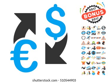 Euro Dollar Exchange icon with bonus 2017 new year graphic icons. Vector illustration style is flat iconic symbols,modern colors.