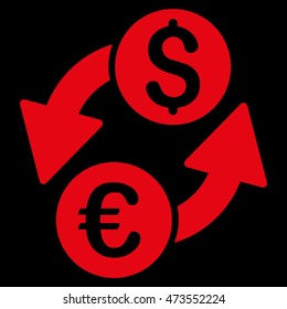 Euro Dollar Exchange icon. Vector style is flat iconic symbol with rounded angles, red color, black background.