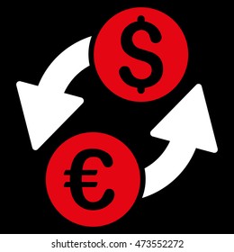 Euro Dollar Exchange icon. Vector style is bicolor flat iconic symbol with rounded angles, red and white colors, black background.