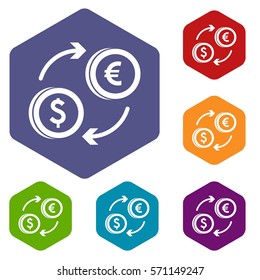 Euro dollar euro exchange icons set rhombus in different colors isolated on white background