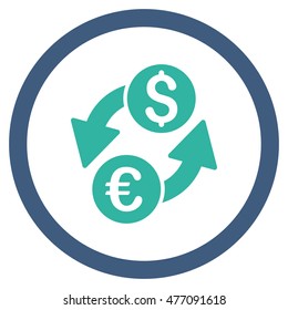 Euro Dollar Exchange vector bicolor rounded icon. Image style is a flat icon symbol inside a circle, cobalt and cyan colors, white background.