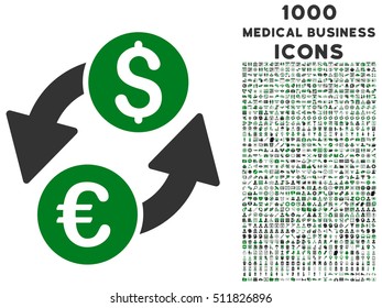 Euro Dollar Exchange vector bicolor icon with 1000 medical business icons. Set style is flat pictograms, green and gray colors, white background.