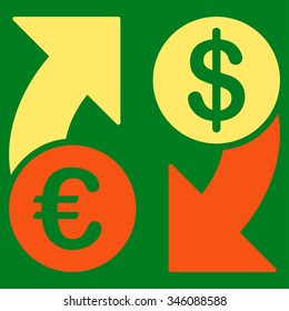 Euro Dollar Euro Exchange vector icon. Style is bicolor flat symbol, orange and yellow colors, rounded angles, green background.