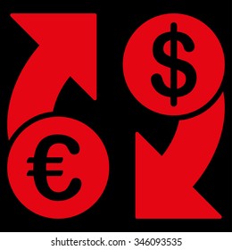Euro Dollar Euro Exchange vector icon. Style is flat symbol, red color, rounded angles, black background.