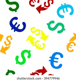 Euro Dollar Exchange vector repeatable pattern with dollar and euro currency symbols. Style is flat colored icons on a white background.