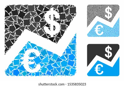 Euro and Dollar finance mosaic of bumpy pieces in various sizes and color hues, based on Euro and Dollar finance icon. Vector bumpy dots are combined into mosaic.
