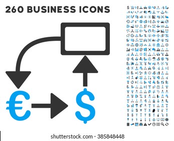 Euro Dollar Flow Chart icon within 260 vector business pictogram set. Style is bicolor flat symbols, light blue and gray colors, white background.
