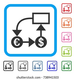 Euro And Dollar Flow Chart icon. Flat gray iconic symbol inside a light blue rounded rectangular frame. Black, gray, green, blue, red, orange color versions of Euro And Dollar Flow Chart vector.