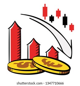 Euro, Dollar, japanese candles, Currency pair. Decline schedule, decline. Sketch-Style Icon. Symbol. Sign. Stock Vector Illustration. Transparent. White Isolated.