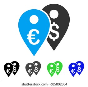 Euro And Dollar Map Markers flat vector pictogram. Colored euro and dollar map markers gray, black, blue, green pictogram versions. Flat icon style for web design.