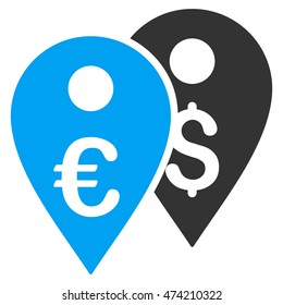 Euro and Dollar Map Markers icon. Vector style is bicolor flat iconic symbol, blue and gray colors, white background.