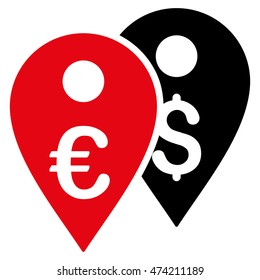 Euro and Dollar Map Markers icon. Vector style is bicolor flat iconic symbol, intensive red and black colors, white background.