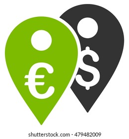 Euro and Dollar Map Markers icon. Vector style is bicolor flat iconic symbol, eco green and gray colors, white background.