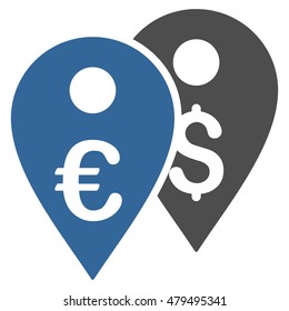 Euro and Dollar Map Markers icon. Vector style is bicolor flat iconic symbol, cobalt and gray colors, white background.