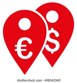 Euro and Dollar Map Markers icon. Vector style is flat iconic symbol, red color, white background.