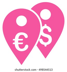 Euro and Dollar Map Markers icon. Vector style is flat iconic symbol, pink color, white background.