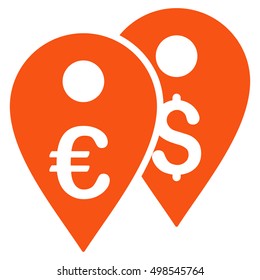 Euro and Dollar Map Markers icon. Vector style is flat iconic symbol, orange color, white background.