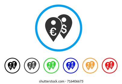 Euro And Dollar Map Markers icon. Vector illustration style is a flat iconic euro and dollar map markers gray rounded symbol inside light blue circle with black, gray, green, blue, red,