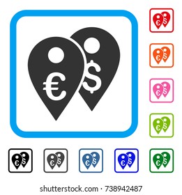 Euro And Dollar Map Markers icon. Flat gray iconic symbol in a light blue rounded frame. Black, gray, green, blue, red, orange color versions of Euro And Dollar Map Markers vector.