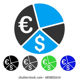 Euro And Dollar Pie Chart flat vector illustration. Colored euro and dollar pie chart gray, black, blue, green pictogram variants. Flat icon style for web design.