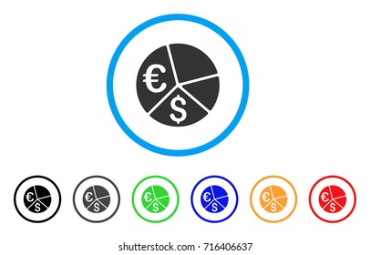 Euro And Dollar Pie Chart icon. Vector illustration style is a flat iconic euro and dollar pie chart grey rounded symbol inside light blue circle with black, gray, green, blue, red,