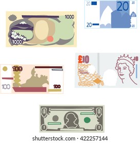 Euro, dollar, pound. Money banknotes vector illustration.