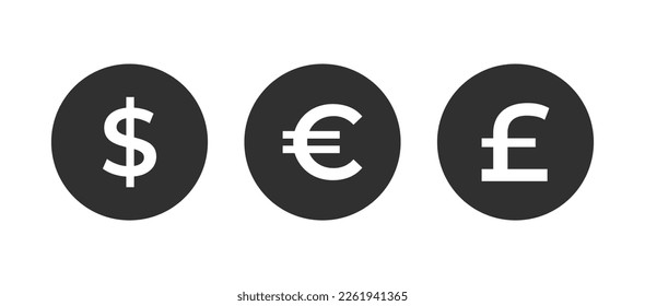 Euro-Dollar-Pfund-Symbol im schwarzen Kreis. Münze einzeln auf weißem Hintergrund. Vektorgrafik. Euro-Vektorbild	
