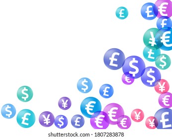 Euro dollar pound yen circle icons scatter money vector background. Jackpot pattern. Currency tokens british, japanese, european, american money exchange elements graphic design.