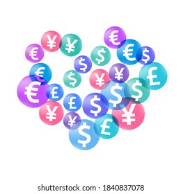Euro dollar pound yen circle icons scatter currency vector illustration. Investment concept. Currency symbols british, japanese, european, american money exchange signs wallpaper.
