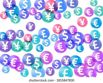 Euro dollar pound yen circle symbols scatter money vector background. Sale pattern. Currency pictograms british, japanese, european, american money exchange elements wallpaper.