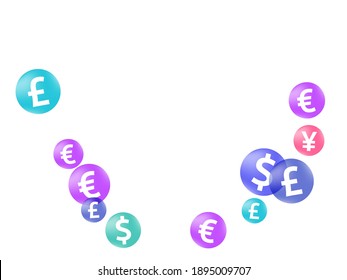 Euro dollar pound yen circle icons flying currency vector background. Payment concept. Currency symbols british, japanese, european, american money exchange elements wallpaper.