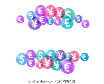 Euro dollar pound yen circle symbols scatter money vector design. Marketing backdrop. Currency pictograms british, japanese, european, american money exchange elements wallpaper.