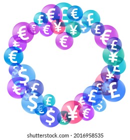 Euro dollar pound yen circle icons scatter currency vector background. Finance backdrop. Currency tokens british, japanese, european, american money exchange elements background.