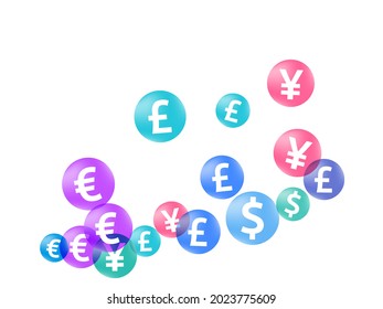 Euro dollar pound yen circle icons flying currency vector illustration. Economy backdrop. Currency symbols british, japanese, european, american money exchange signs graphic design.