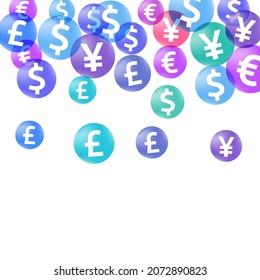 Euro dollar pound yen circle icons scatter currency vector background. Payment backdrop. Currency tokens british, japanese, european, american money exchange elements graphic design.