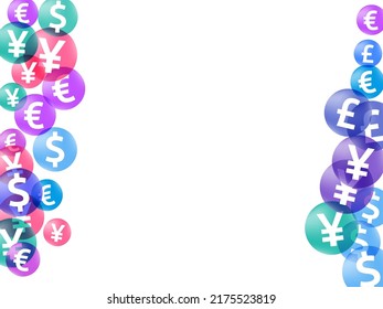 Euro dollar pound yen circle icons flying money vector illustration. Forex backdrop. Currency pictograms british, japanese, european, american money exchange signs graphic design.