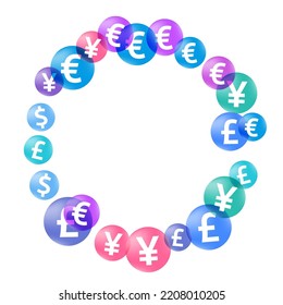 Euro dollar pound yen circle icons flying money vector background. Payment pattern. Currency pictograms british, japanese, european, american money exchange signs wallpaper.