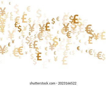 Euro dollar pound yen gold symbols flying money vector background. Jackpot backdrop. Currency tokens british, japanese, european, american money exchange signs background.