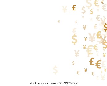 Euro dollar pound yen gold signs flying currency vector illustration. Commerce backdrop. Currency tokens british, japanese, european, american money exchange signs graphic design.