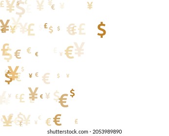 Euro dollar pound yen gold symbols scatter money vector illustration. Trading concept. Currency pictograms british, japanese, european, american money exchange elements background.