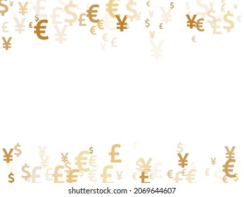 Euro dollar pound yen gold icons scatter currency vector design. Income backdrop. Currency tokens british, japanese, european, american money exchange elements background.