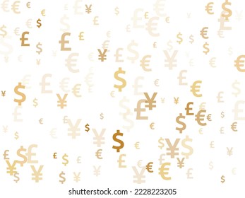 Euro dollar pound yen gold icons flying currency vector background. Payment pattern. Currency symbols british, japanese, european, american money exchange signs background.