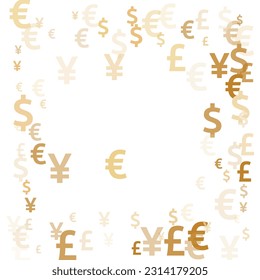 Euro dollar pound yen gold icons flying money vector illustration. Economy pattern. Currency tokens british, japanese, european, american money exchange elements wallpaper.