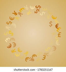 Euro dollar pound yen golden signs flying money vector background. Payment pattern. Currency icons british, japanese, european, american money exchange elements background.