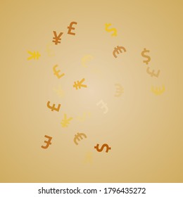 Euro dollar pound yen golden signs scatter money vector illustration. Deposit concept. Currency symbols british, japanese, european, american money exchange elements graphic design.